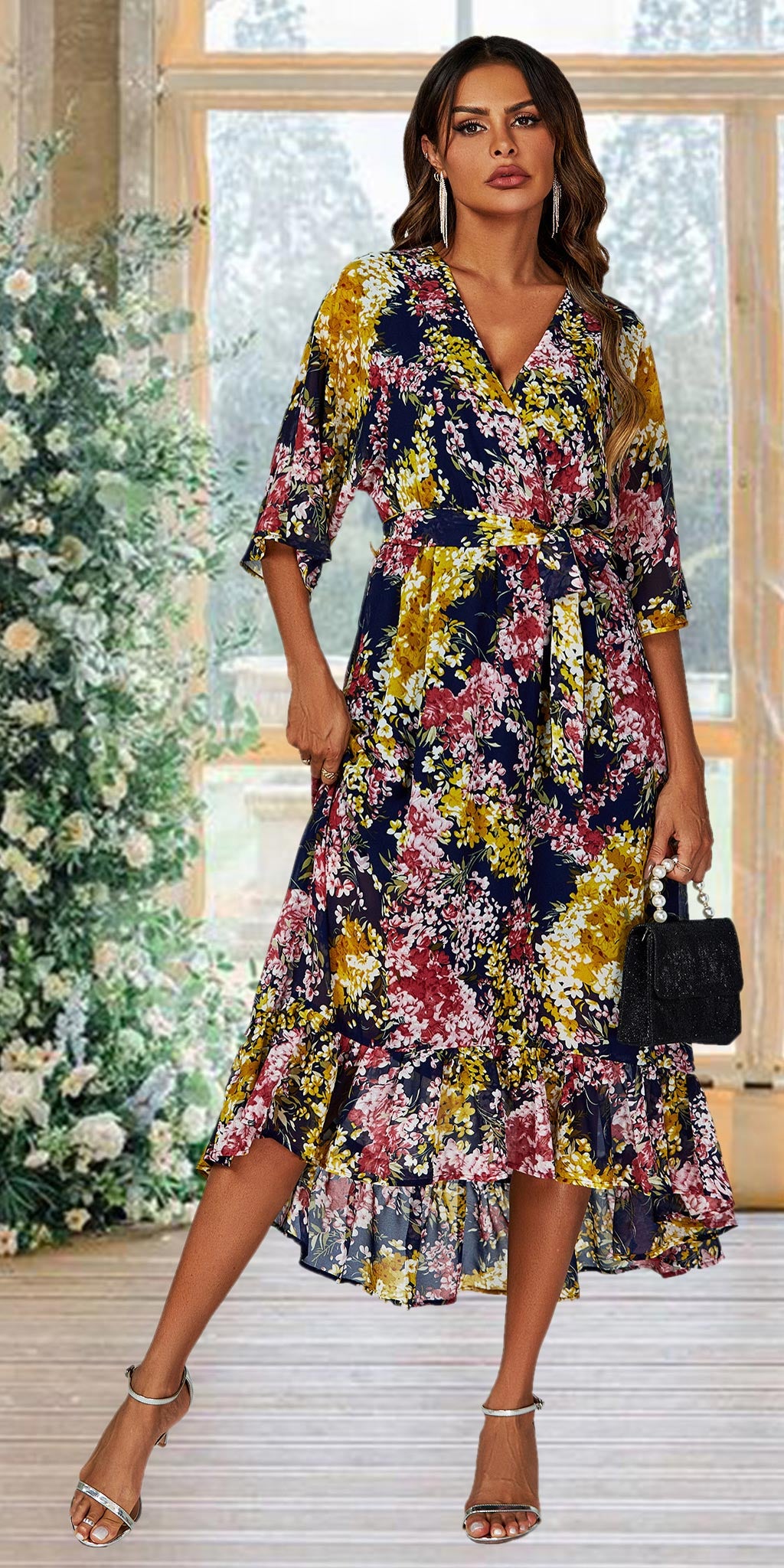 FLORAL WRAP KIMONO SLEEVE DRESS NAVY UK 14