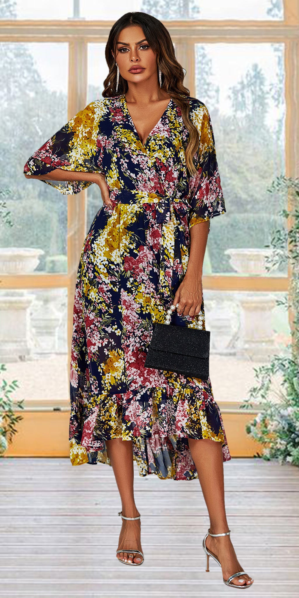 FLORAL WRAP KIMONO SLEEVE DRESS NAVY UK 14