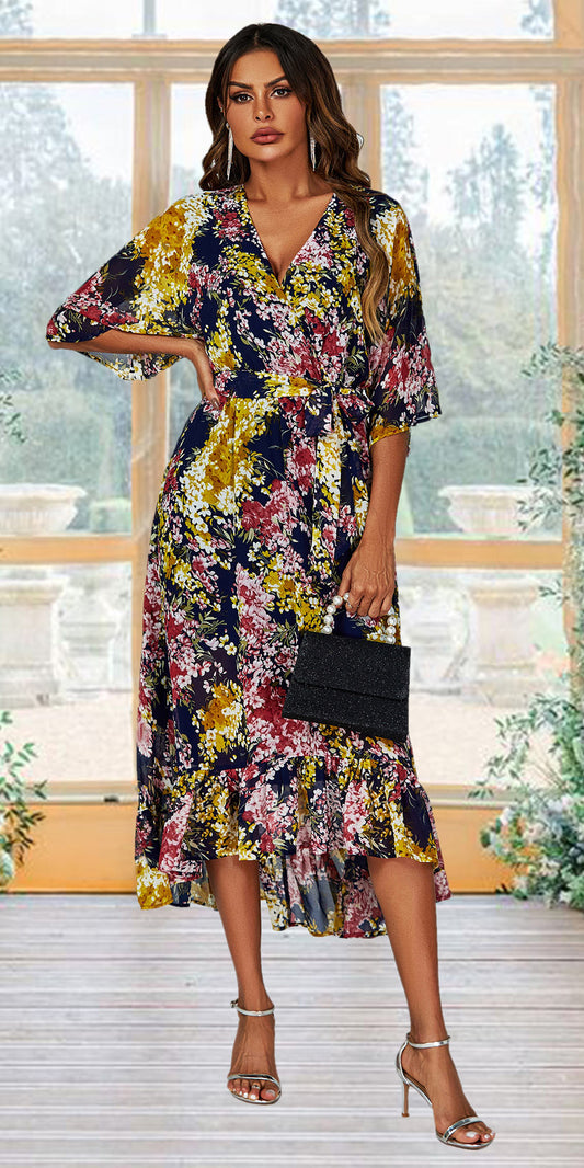 FLORAL WRAP KIMONO SLEEVE DRESS NAVY UK 14