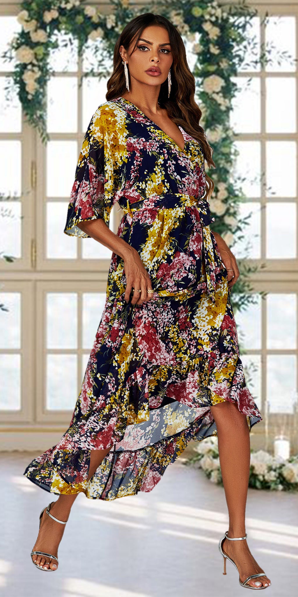 FLORAL WRAP KIMONO SLEEVE DRESS NAVY UK 14