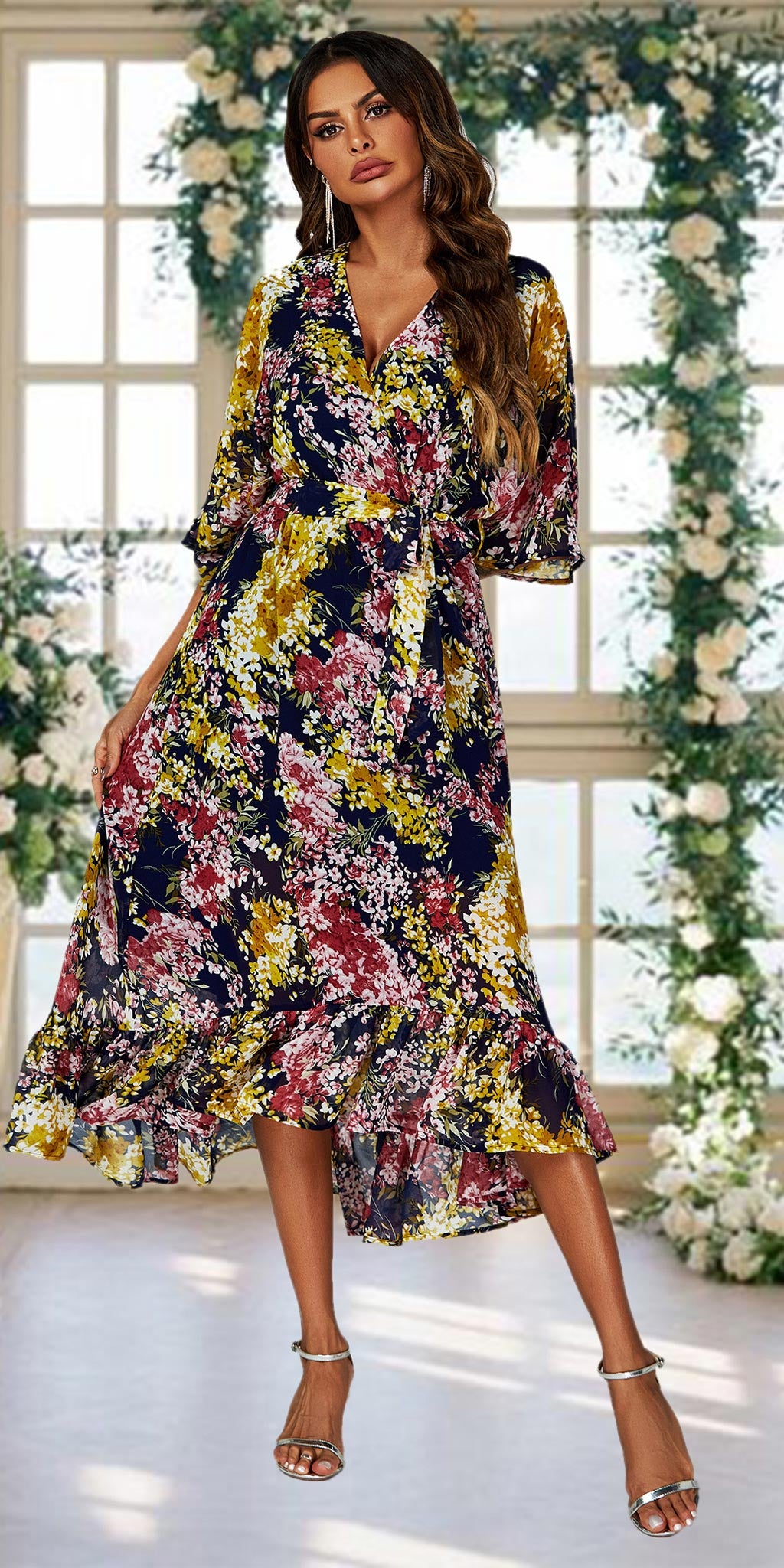 FLORAL WRAP KIMONO SLEEVE DRESS NAVY UK 14