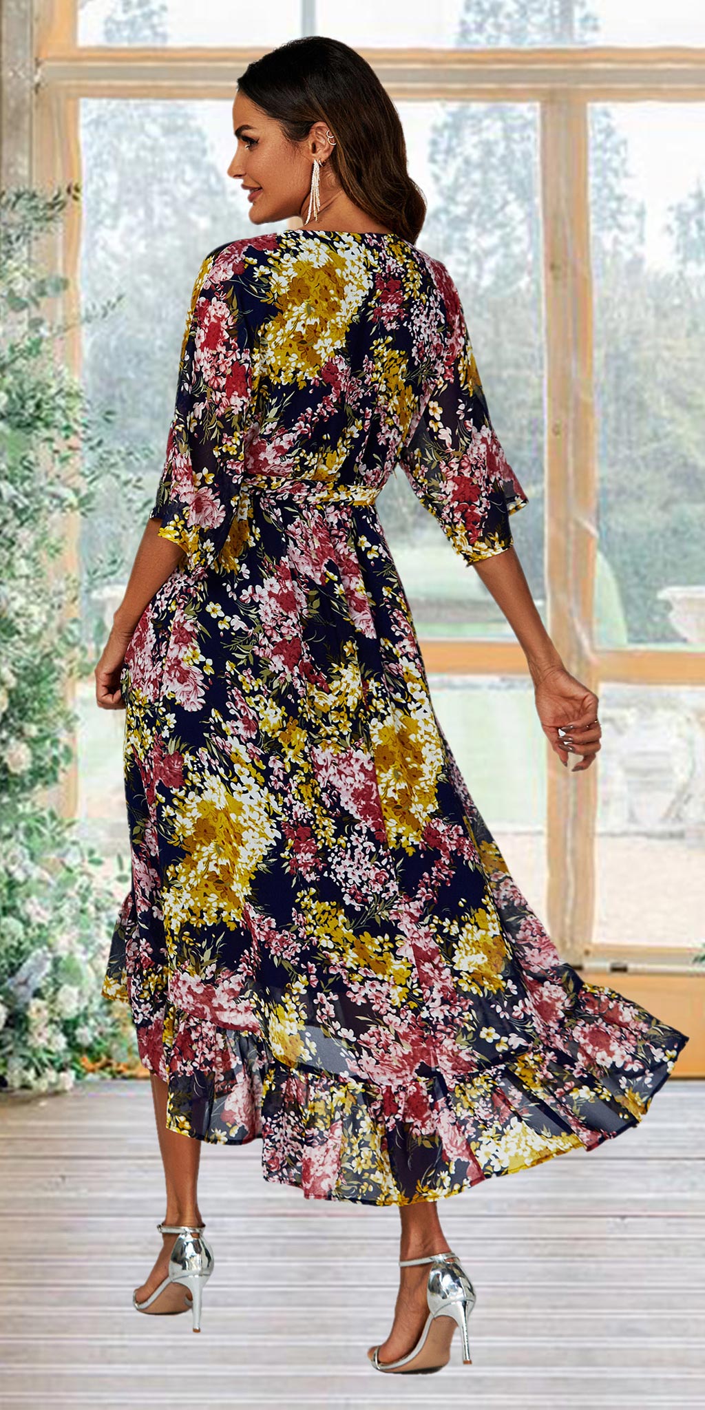 FLORAL WRAP KIMONO SLEEVE DRESS NAVY UK 14