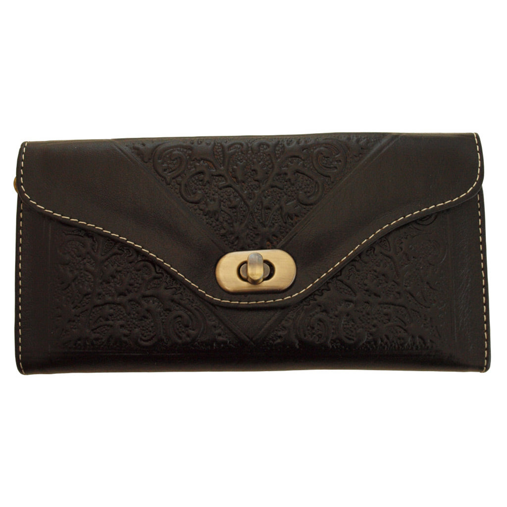 Handcrafted Moroccan tri-fold leather purse with embossed detailing and multiple compartments for cards and coins