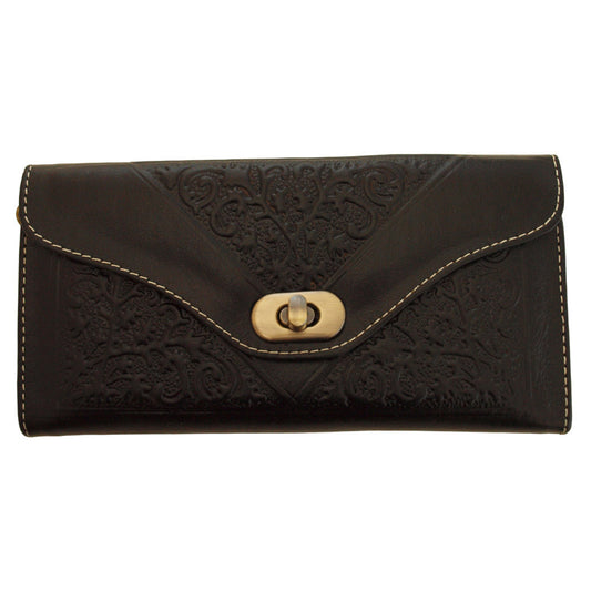 Handcrafted Moroccan tri-fold leather purse with embossed detailing and multiple compartments for cards and coins