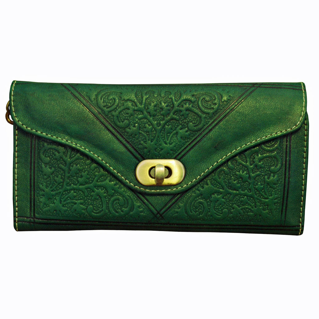 Handcrafted Moroccan tri-fold leather purse with embossed detailing and multiple compartments for cards and coins