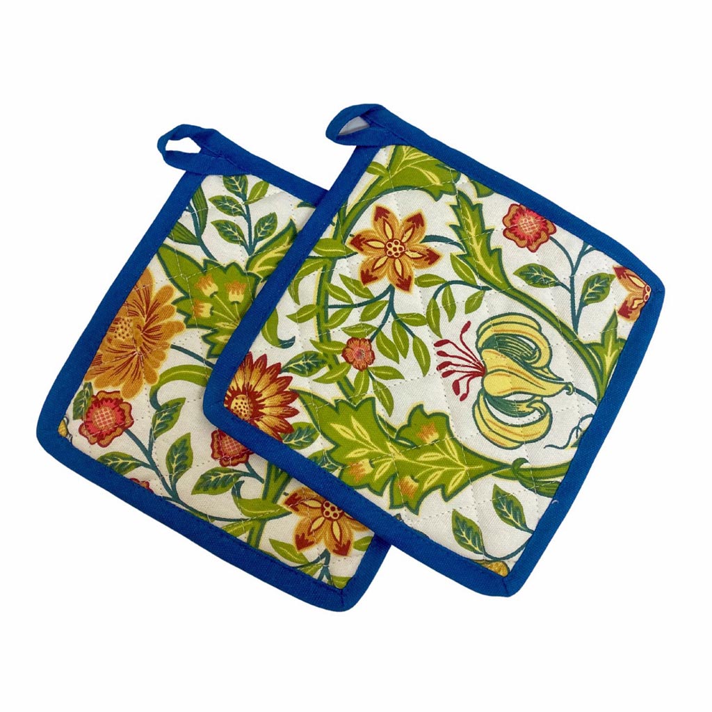 Blue pot holders in Sussex print design