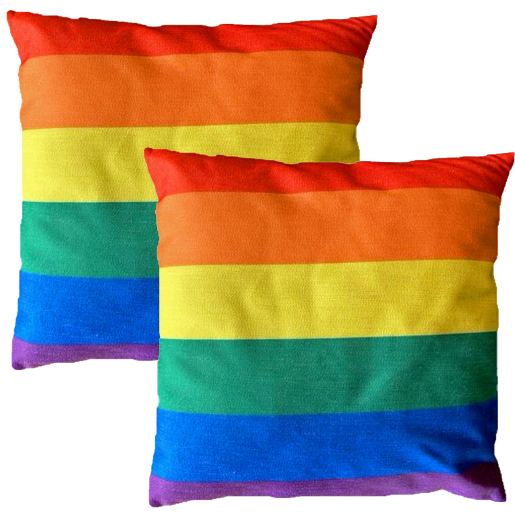 A set of two cushion covers with a multicolored rainbow pattern.