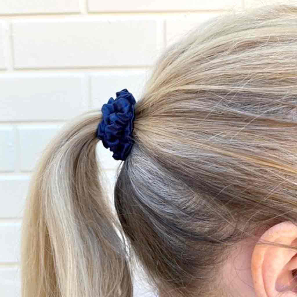 Slender Navy Blue Silk Scrunchie | Pure Mulberry Silk Hair Tie