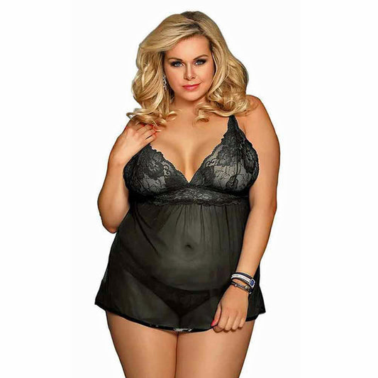 LINGERIE SET SPLIT HEM BABYDOLL BLACK SIZE 16-18