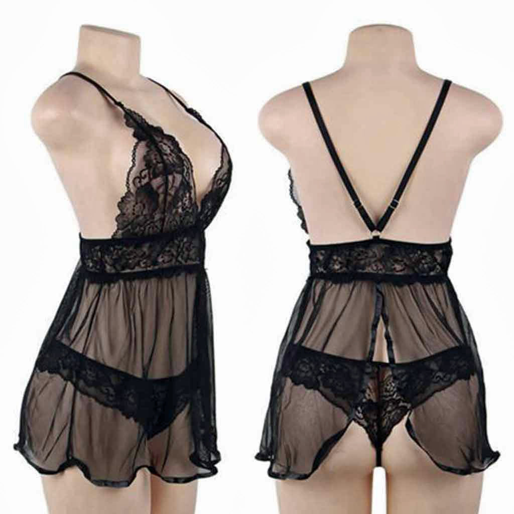LINGERIE SET SPLIT HEM BABYDOLL BLACK SIZE 16-18