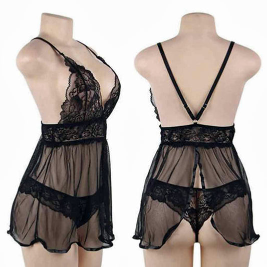 LINGERIE SET SPLIT HEM BABYDOLL BLACK SIZE 16-18