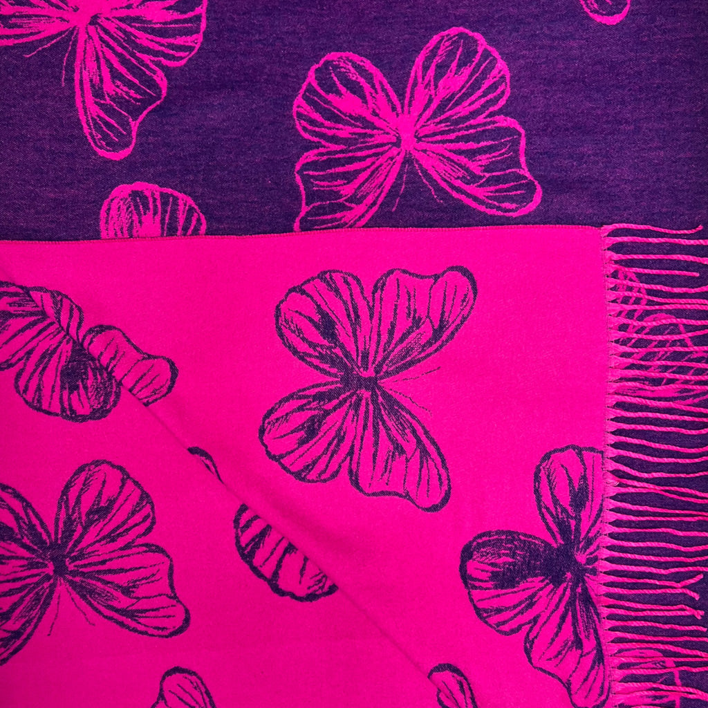 Pink Reversible Butterfly Print Scarf | 30% Cashmere Blend & Tassels