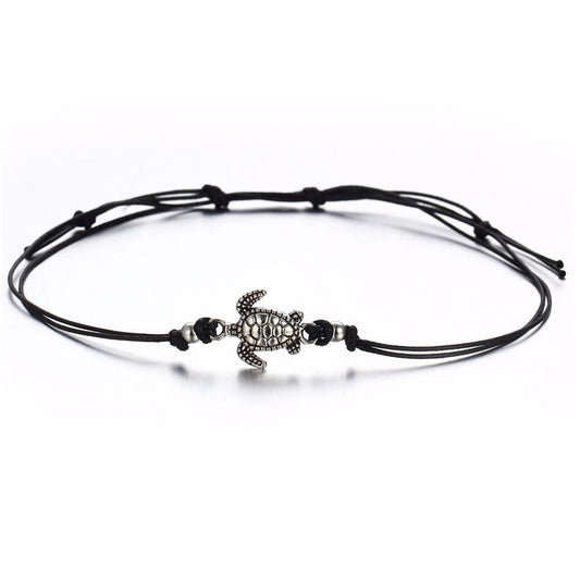 ANKLET TURTLE CHARM BLACK WAX ROPE ANKLE BRACELET