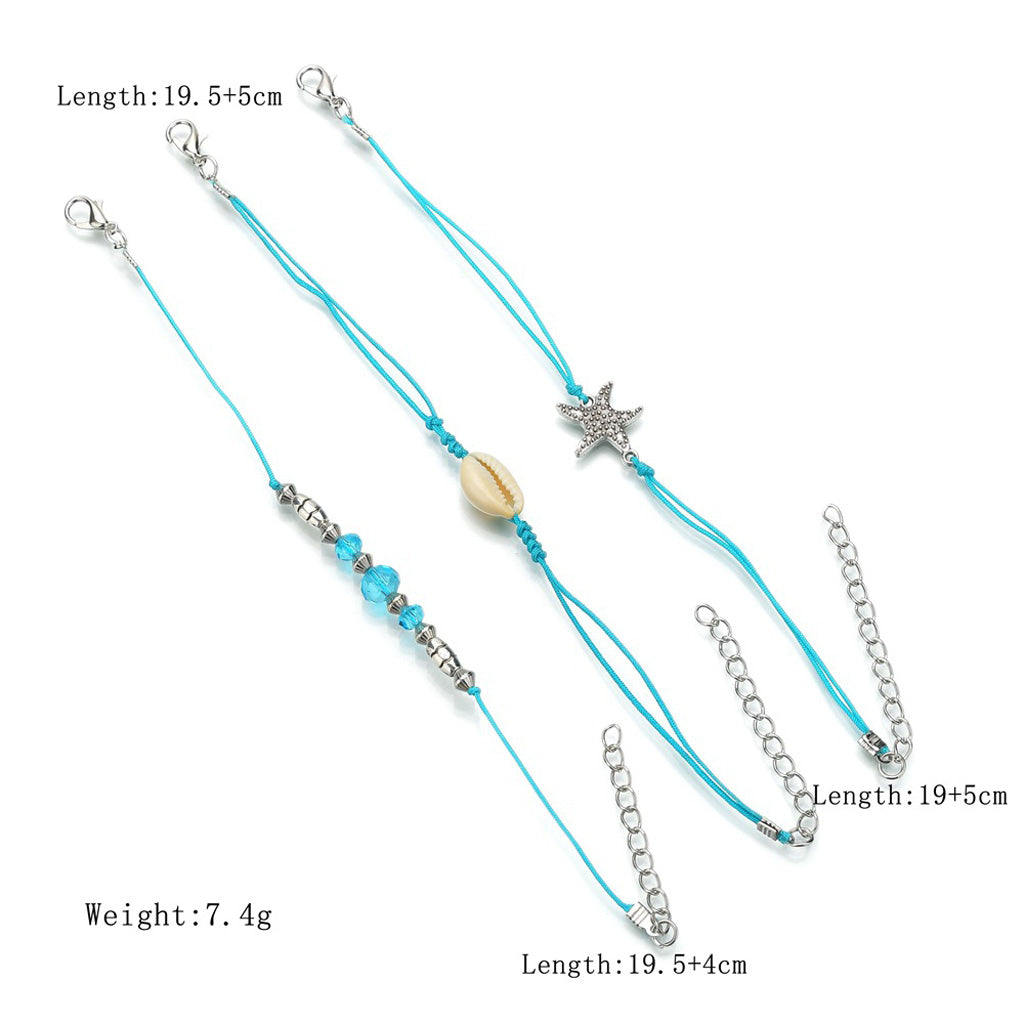 Boho Beach Teal Adjustable 3-Piece Anklet Set