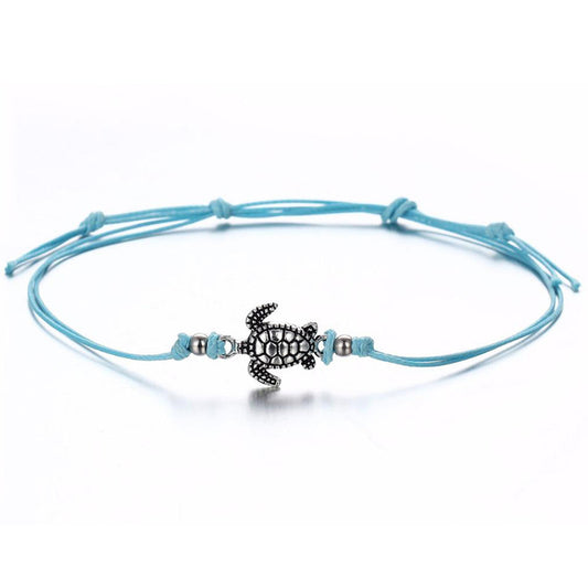 ANKLET TURTLE CHARM TEAL WAX ROPE ANKLE BRACELET