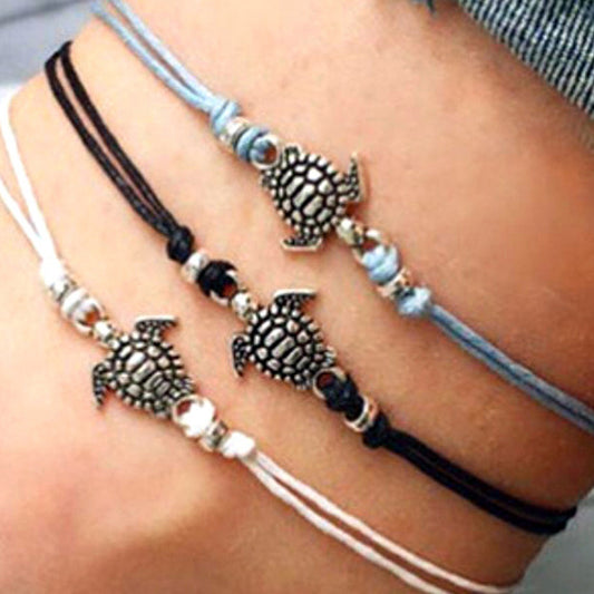 ANKLET TURTLE CHARM TEAL WAX ROPE ANKLE BRACELET