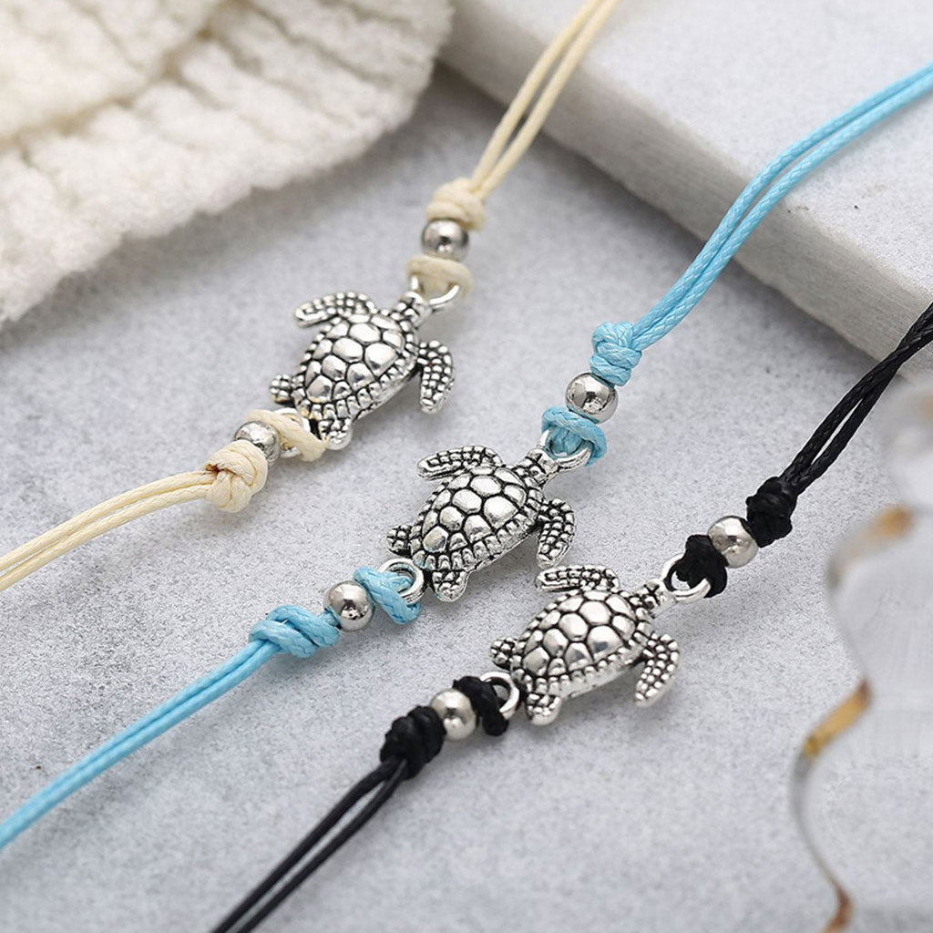 ANKLET TURTLE CHARM BLACK WAX ROPE ANKLE BRACELET