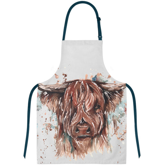 alt="Cotton cooking apron featuring Meg Hawkins watercolour Highland Cow design