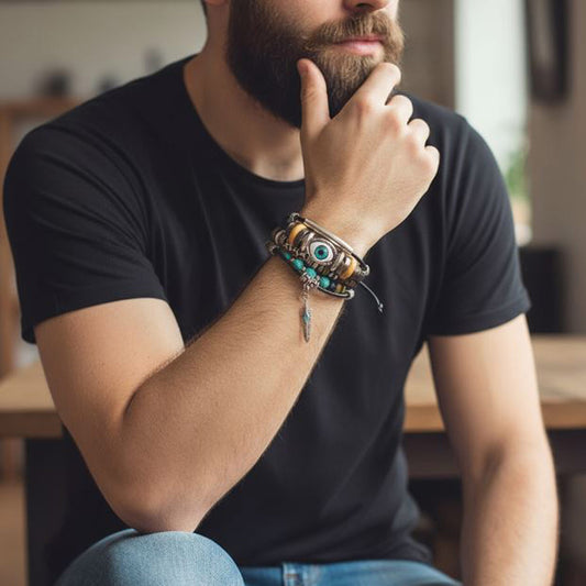 Multi Layer Leather Talisman Bracelet | Blue Evil Eye
