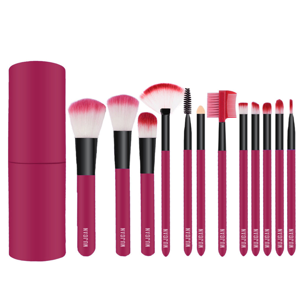 MAKEUP BRUSH SET 12 PIECE + STORAGE CYLINDER PINK
