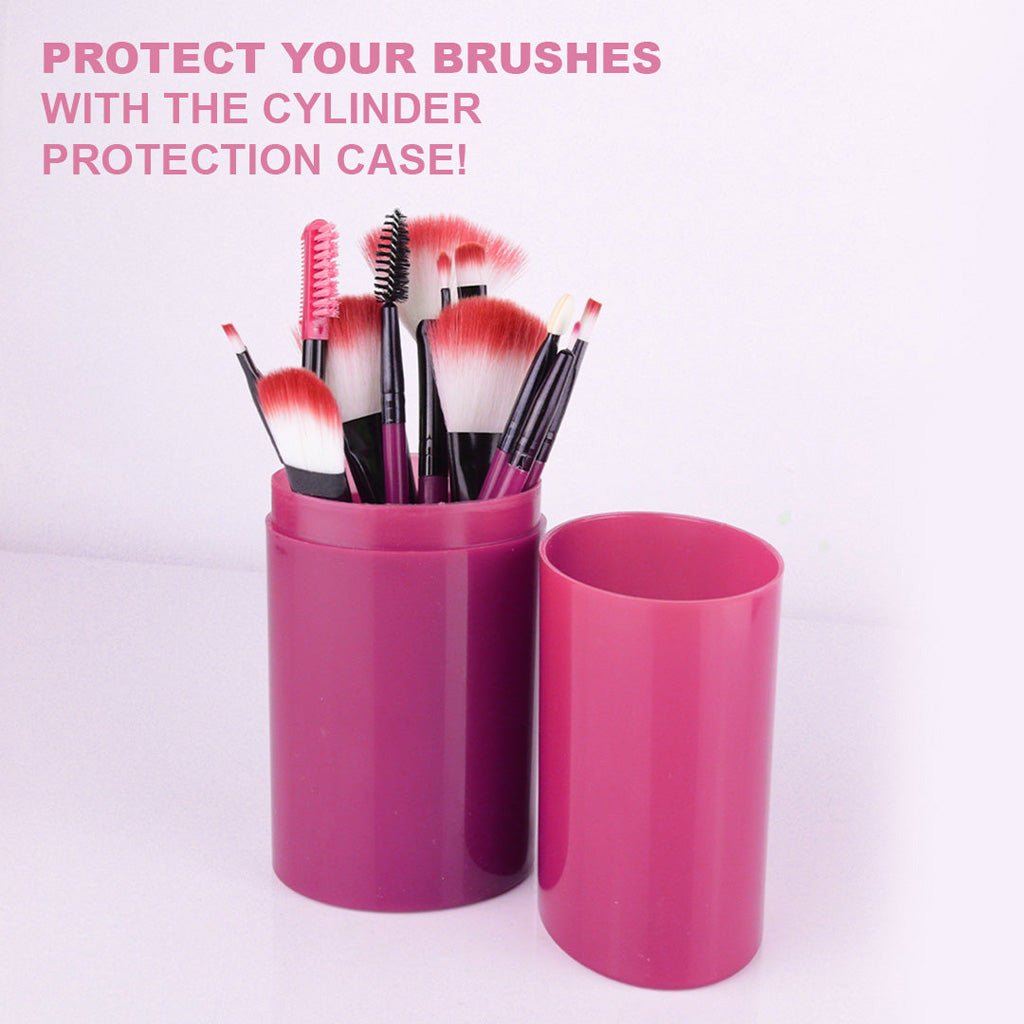 MAKEUP BRUSH SET 12 PIECE + STORAGE CYLINDER PINK