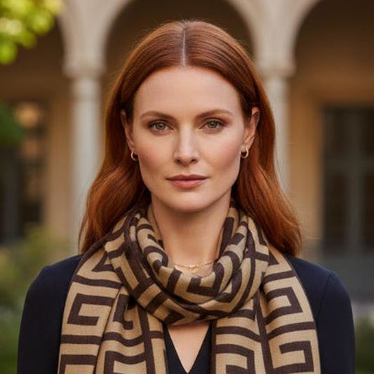 Model wearing a luxury maze print cashmere mix wrap over a winter jumper