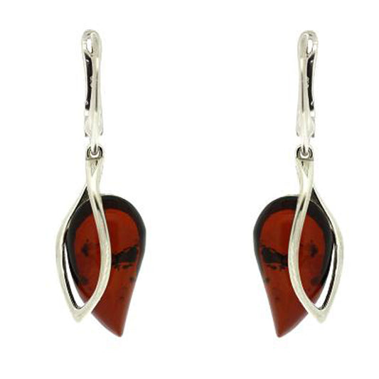 Cherry amber drop earrings with elm-shaped teardrop design in polished 925 sterling silver, displayed on a neutral background.
