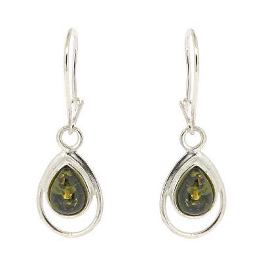Green Amber Drop Earrings | Double Teardrop Design 925 Sterling Silver
