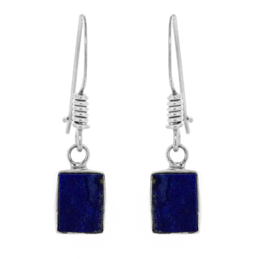Rectangular lapis lazuli drop earrings set in polished sterling silver with dangle hooks.