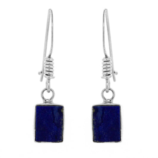 Rectangular lapis lazuli drop earrings set in polished sterling silver with dangle hooks.
