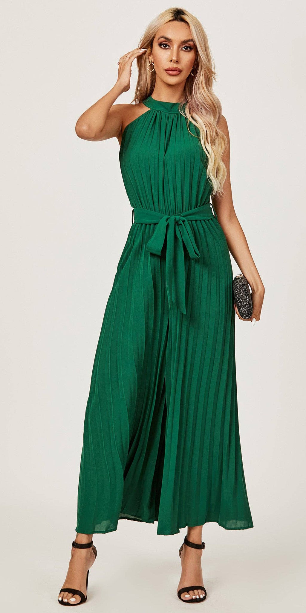 HALTER NECK PLEATED JUMPSUIT GREEN UK 14
