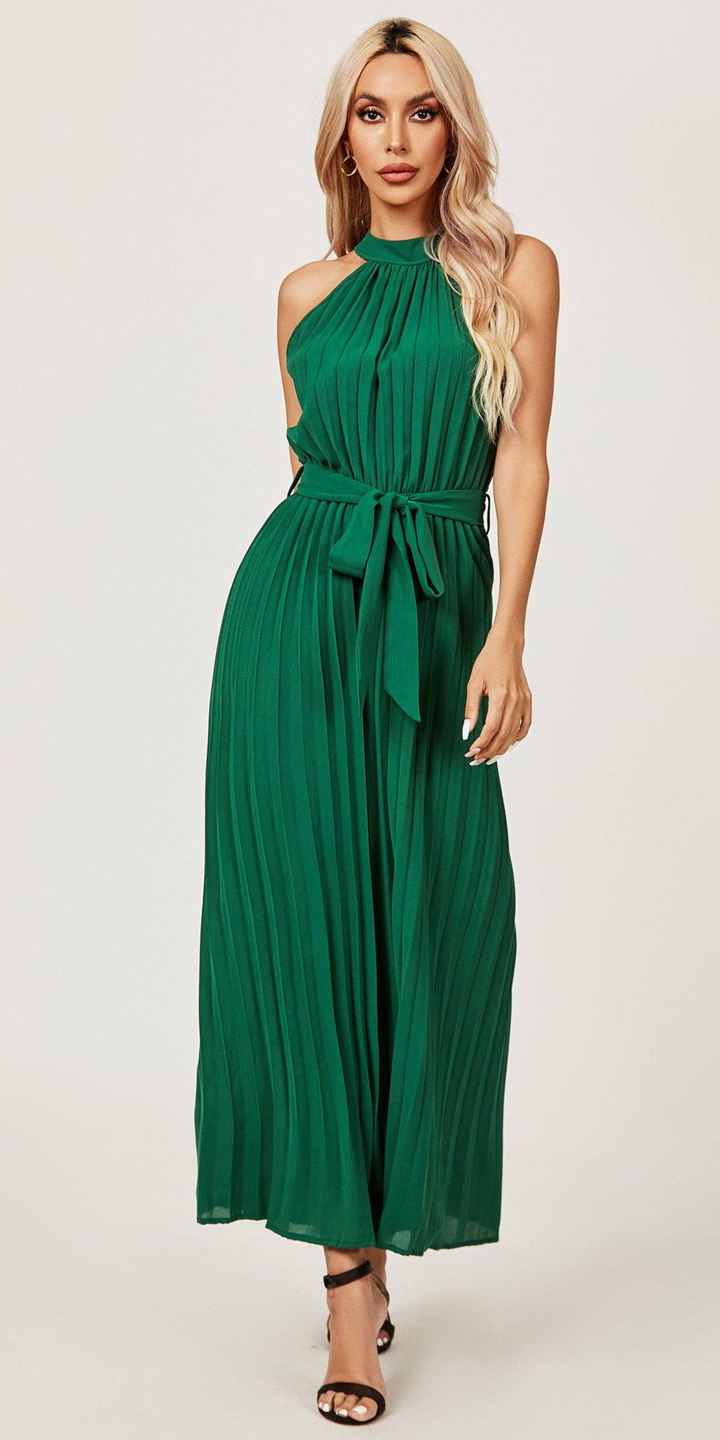 HALTER NECK PLEATED JUMPSUIT GREEN UK 14