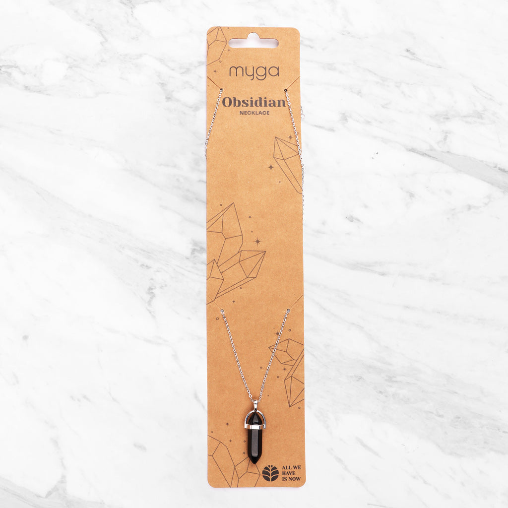 SILVER PLATED CRYSTAL PENDANT NECKLACE OBSIDIAN