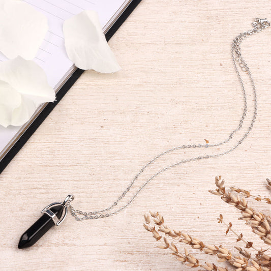 Black Obsidian Crystal Necklace | Silver Plated