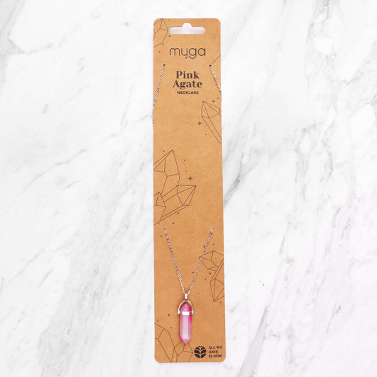 Pink Agate Crystal Necklace | Silver Plated