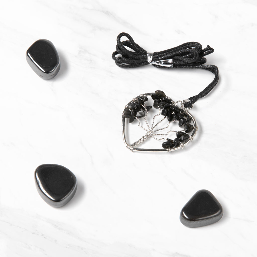 Tree of Life Crystal Pendant Heart Necklace | Black Obsidian