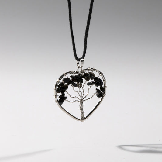 Tree of Life Crystal Pendant Heart Necklace | Black Obsidian