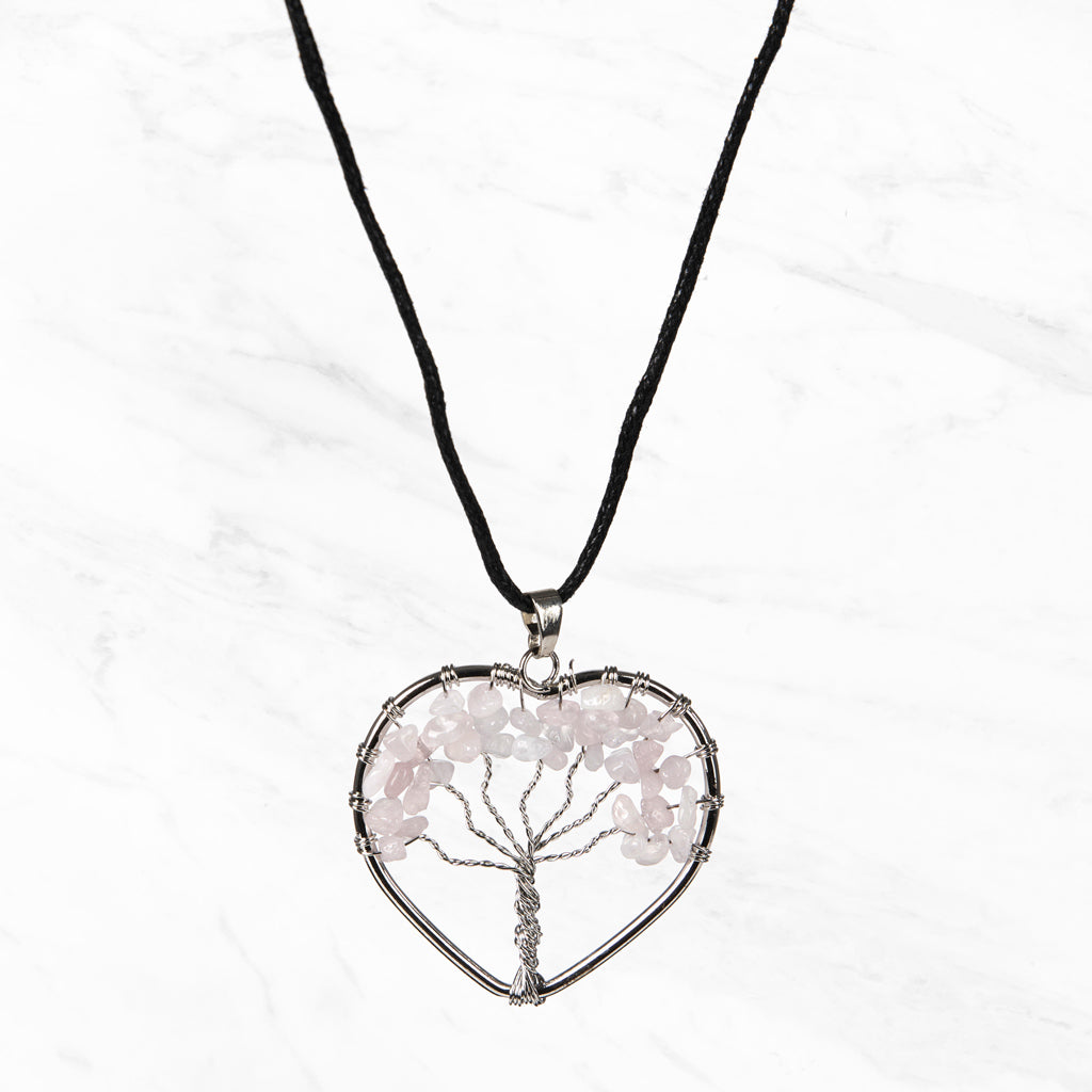 CORD PENDANT NECKLACE TREE OF LIFE ROSE QUARTZ