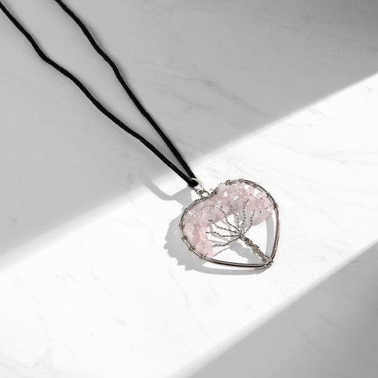Tree of Life Crystal Pendant Heart Necklace | Rose Quartz