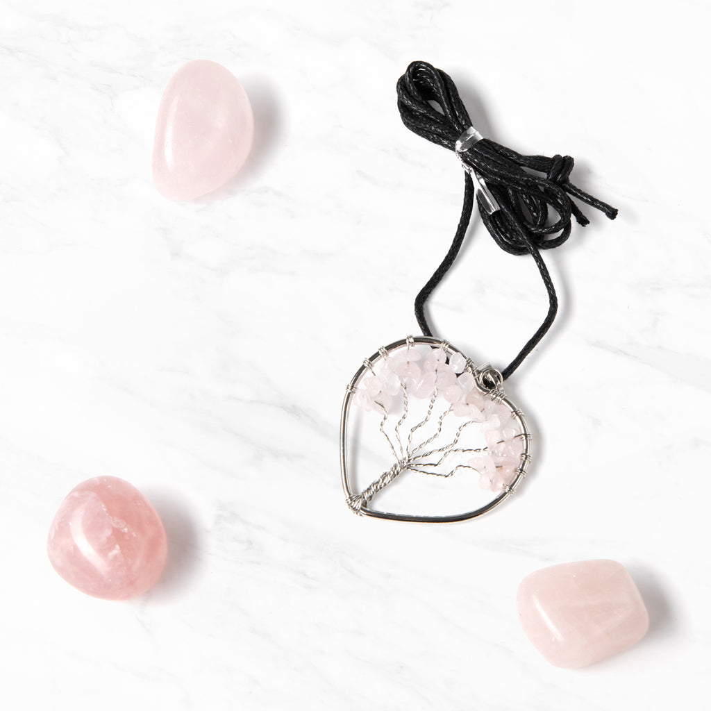 CORD PENDANT NECKLACE TREE OF LIFE ROSE QUARTZ