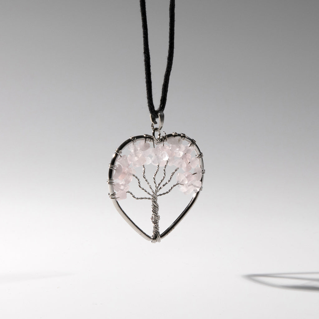 CORD PENDANT NECKLACE TREE OF LIFE ROSE QUARTZ
