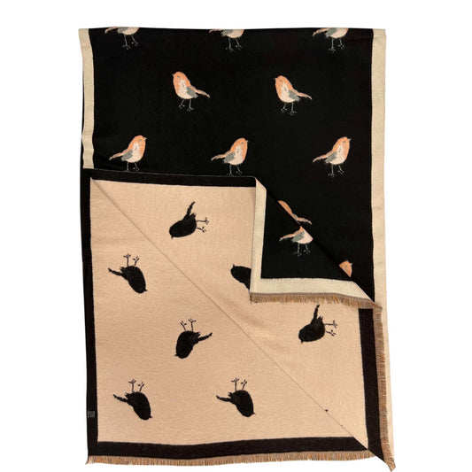 Cashmere Blend Scarf (20%) | Black Embroidered Robin