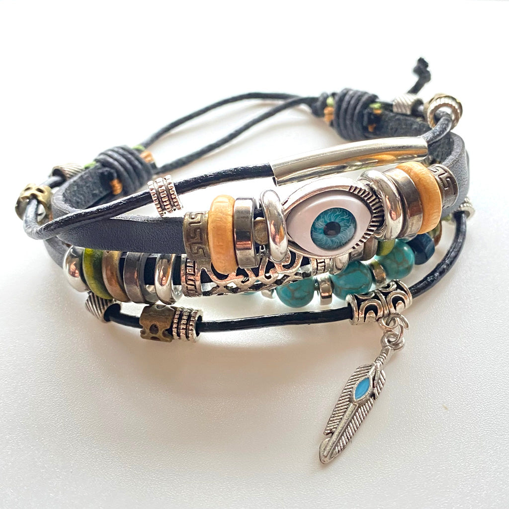 Leather Evil Eye Talisman Bracelet | Multi-Layer Charm Design