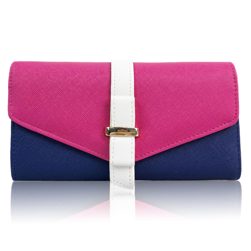 Large tri-fold fuschia purse made from PU leather with flap closure and multiple compartments for cards