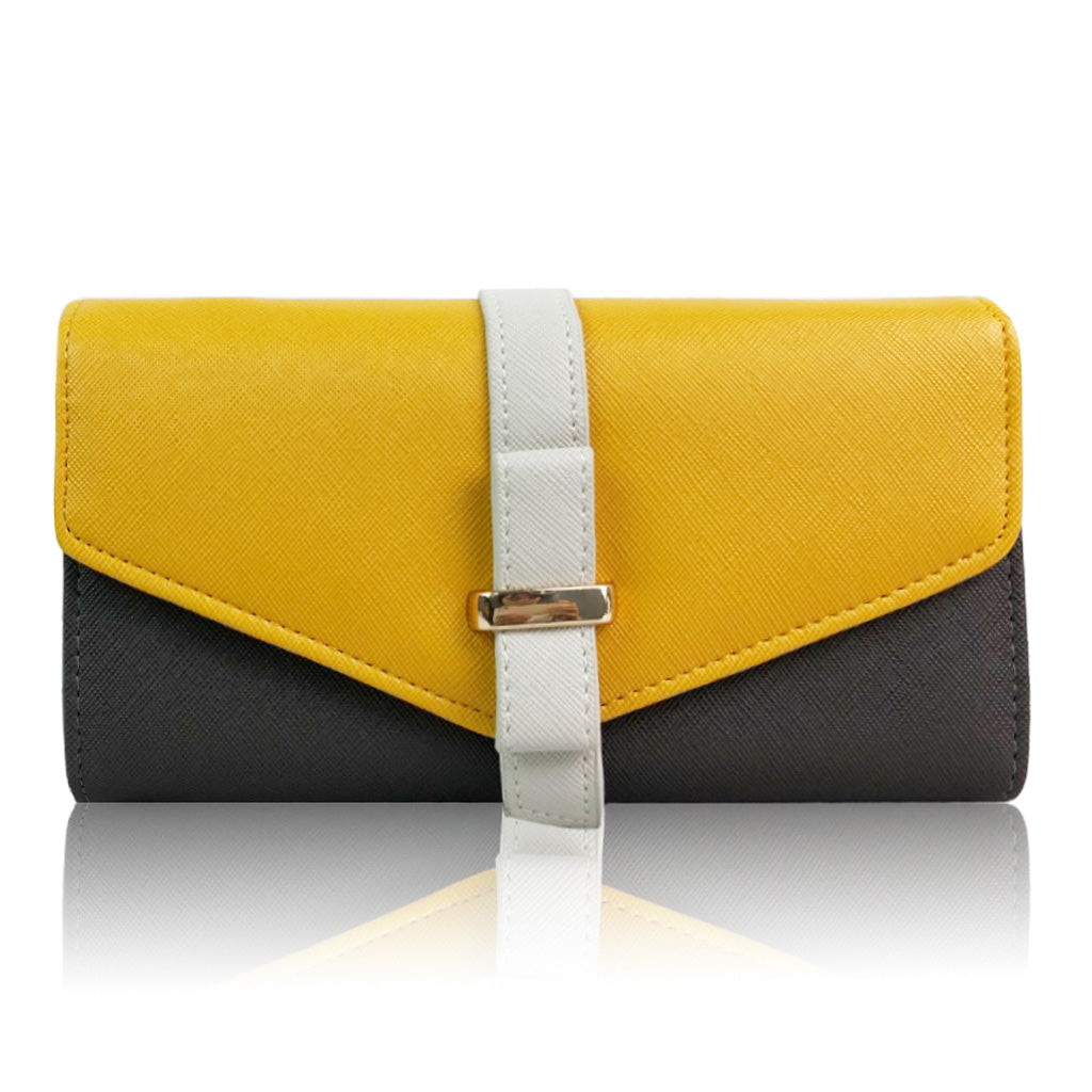 Large tri-fold yellow purse made from PU leather with flap closure and multiple compartments for cards