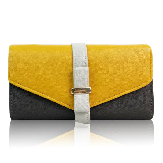 Large tri-fold yellow purse made from PU leather with flap closure and multiple compartments for cards