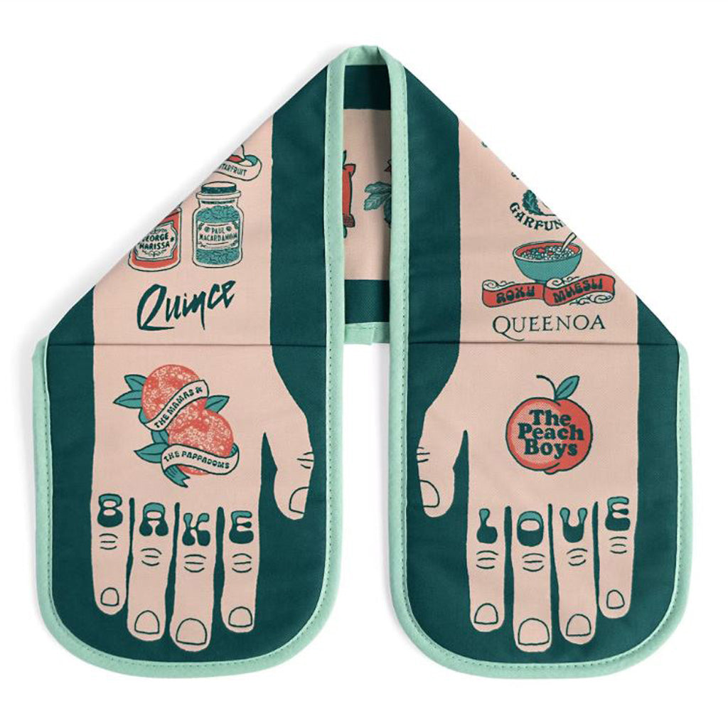 Retro Bake Love double oven glove with bold 60s-inspired floral print and musical pun characters, displayed flat on a white background