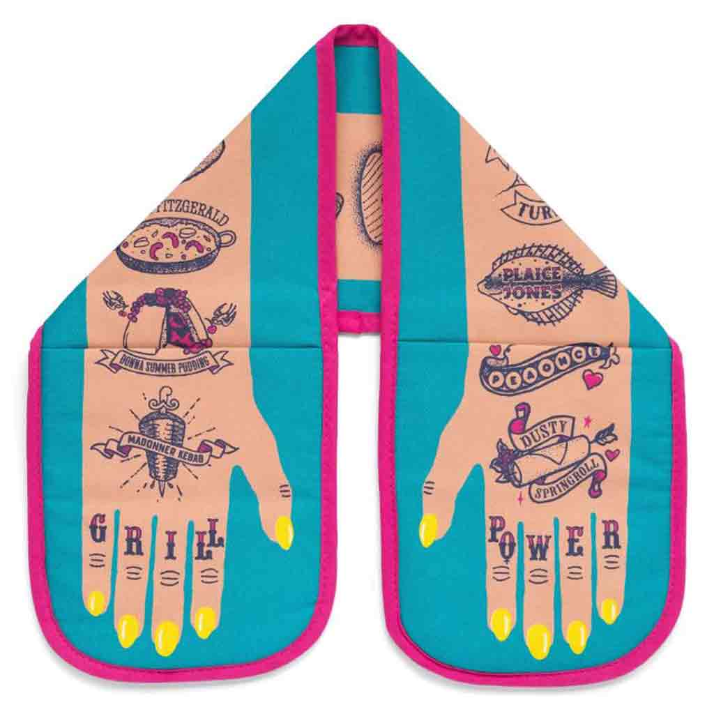 Witty tattoo theme double oven gloves called grill power