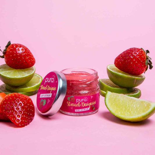 A jar of pura cosmetics strawberry daiquiri lip scrub