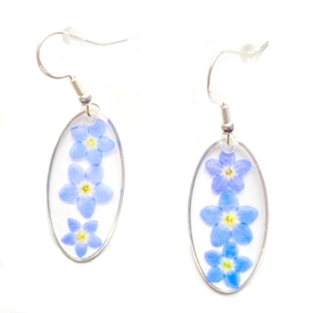 Sterling silver earrings with three forget me not real flowers encased in resin